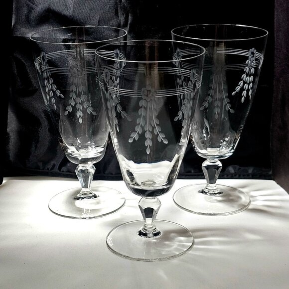 3 Art Deco Kusak Ice Tea Glasses 6.5" handcut flowers lines cut glass handblown - Picture 2 of 7